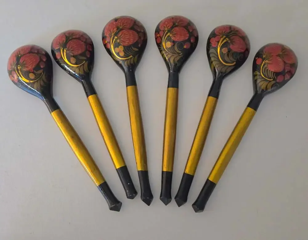 Vintage Russian Khokhloma Hand Painted 6 Wooden Spoons Black Gold Strawberry